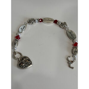 Grandmother 7.5” Silver tone 3 station bracelet Red & faux pearl beads